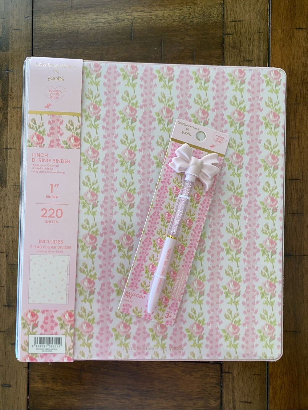 LoveShackFancy Pink and Green Floral 1" D-Ring Binder & Pink Bow Pen